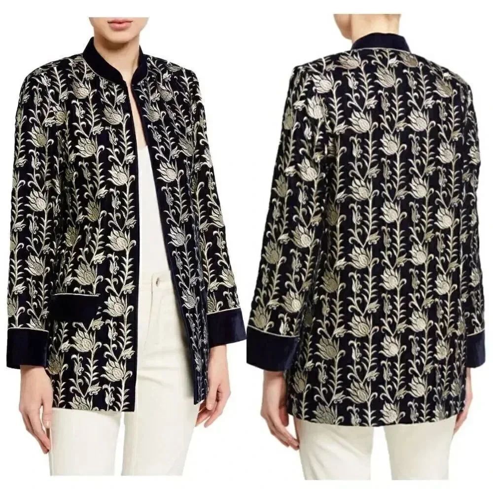 Neiman Marcus Exclusive Bella tu Noel Velvet Jacket With Metallic Embroidery Siz